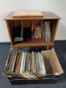 A box and record cabinet containing a quantity of LP records and singles including classical etc