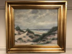 R E Lindgraan : Sand dunes, oil on canvas, 41 cm x 34 cm, signed, framed.