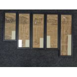 Five framed Victorian newspaper cuttings,