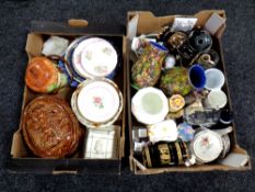 Two boxes containing tea china, pottery game tureen,