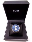 A gent's stainless steel Hugo Boss quartz calendar chronograph wristwatch, boxed.