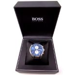 A gent's stainless steel Hugo Boss quartz calendar chronograph wristwatch, boxed.