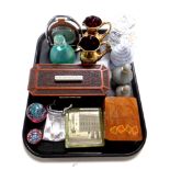 A tray containing miscellanea including train card box bridge set, paperweights,