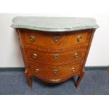 A continental marble topped and inlaid three drawer serpentine front chest