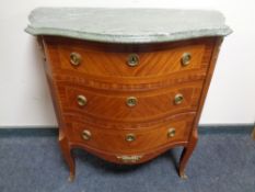 A continental marble topped and inlaid three drawer serpentine front chest