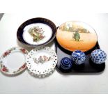 A tray containing assorted ceramics including a Royal Doulton Tony Weller Charger,