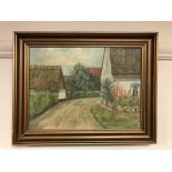 Continental School : A lane beside a thatched cottage, oil on canvas, signed with initials PH,