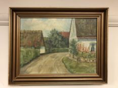 Continental School : A lane beside a thatched cottage, oil on canvas, signed with initials PH,