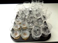 A tray of cut and etched crystal wine and ale glasses