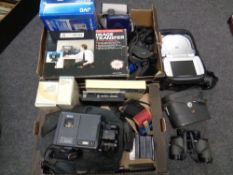 Two boxes of electricals including portable DVD player, cameras, a pair of Swift 8x40 binoculars,