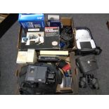 Two boxes of electricals including portable DVD player, cameras, a pair of Swift 8x40 binoculars,