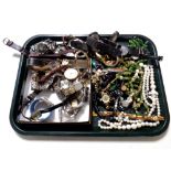 A tray of various costume jewelry, bead necklaces, ladies and gents wristwatches including Seiko,