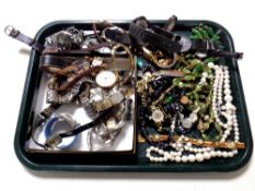 A tray of various costume jewelry, bead necklaces, ladies and gents wristwatches including Seiko,