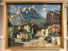 Continental School : Figures in a street with mountains beyond, oil on canvas, signed indistinctly,