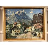 Continental School : Figures in a street with mountains beyond, oil on canvas, signed indistinctly,