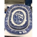 A 19th century willow pattern blue and white meat plate and two Woods ware willow pattern plates