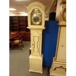 A continental painted and gilt Tempus Fugit longcase clock with pendulum and weights