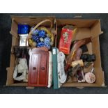 Two boxes containing two drawer sewing box, marble eggs, boomerang, a vintage Spong mincer,
