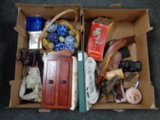 Two boxes containing two drawer sewing box, marble eggs, boomerang, a vintage Spong mincer,
