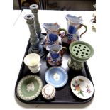 A tray containing cabinet china including three graduated ironstone jugs, Wedgwood jasper ware,