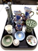 A tray containing cabinet china including three graduated ironstone jugs, Wedgwood jasper ware,