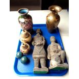 A tray of Chinese terracotta army figures, enamelled brass vases,