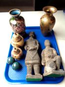 A tray of Chinese terracotta army figures, enamelled brass vases,