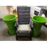 A folding plastic garden armchair together with two plastic garden planters