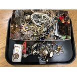 A tray of costume jewellery, bead necklaces,