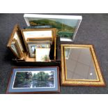 A box of contemporary pictures and prints, gilt framed mirror,