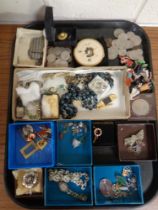 A tray of costume jewelry, lady's wristwatch, commemorative Churchill crown,