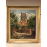 G G Andersen : Red brick church by trees, oil on canvas, 35 cm x 40 cm.