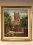 G G Andersen : Red brick church by trees, oil on canvas, 35 cm x 40 cm.