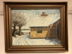 Continental School : A snow covered barn, oil on canvas, signed with initials dated '48,