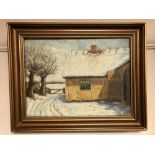 Continental School : A snow covered barn, oil on canvas, signed with initials dated '48,