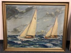 Continental School : Sailing boats in rough seas, oil on canvas, 71 cm x 94 cm, indistinctly signed.