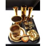 A tray of brass ware, trench art vases, pair of candlesticks, enamelled vase,