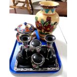 A five piece Shelley dressing table set with a 20th century pottery vase and a Satsuma style lidded