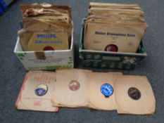 Two boxes containing vinyl 78s with labels including HMV,