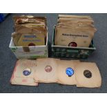Two boxes containing vinyl 78s with labels including HMV,