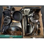 Two boxes of stainless steel kitchenware including pans etc