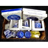 A box of boxed and unboxed Ringtons blue and white china