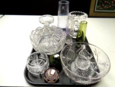 A tray of cut glass including bowls, candlestick, two paperweights,