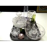 A tray of cut glass including bowls, candlestick, two paperweights,