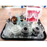 A tray of glass atomiser, pressed glass dressing table set,