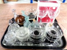 A tray of glass atomiser, pressed glass dressing table set,