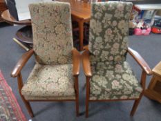 Two beech framed Parker Knoll armchairs in floral tapestry fabric