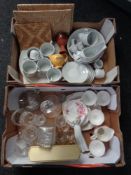 Two boxes containing glassware including decanter, mantel clock,