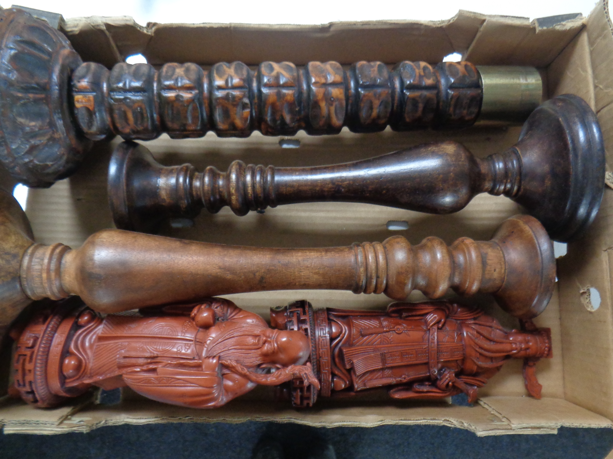 A box of three wooden lamp bases and two oriental resin figures