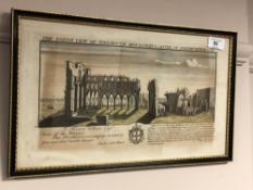 An 18th century hand coloured engraving 'The North View of Tynemouth Monastery & Castle in